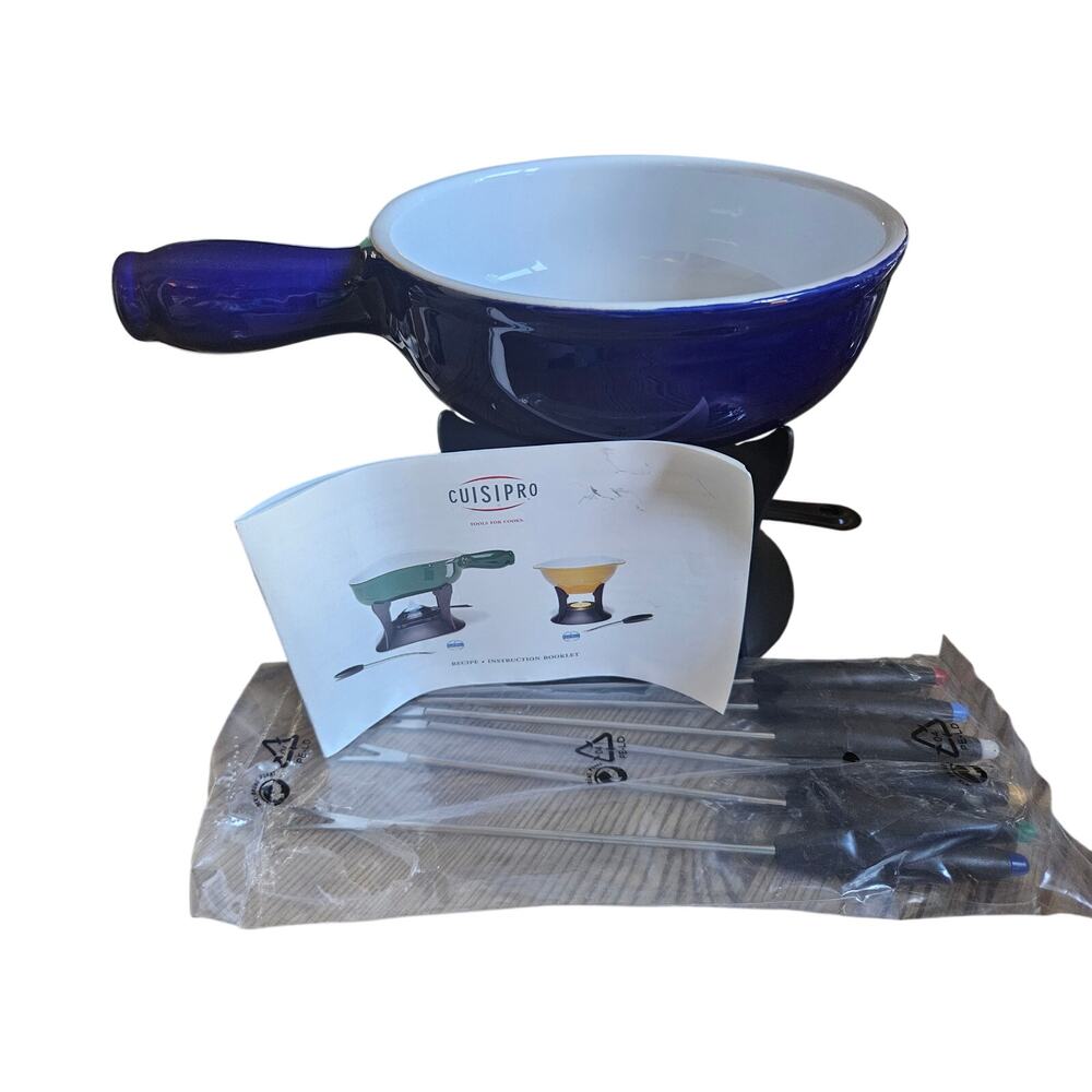 Cuisipro Fondue NIB Orig$70 Blue Ceramic 6-forks Open Box NEW